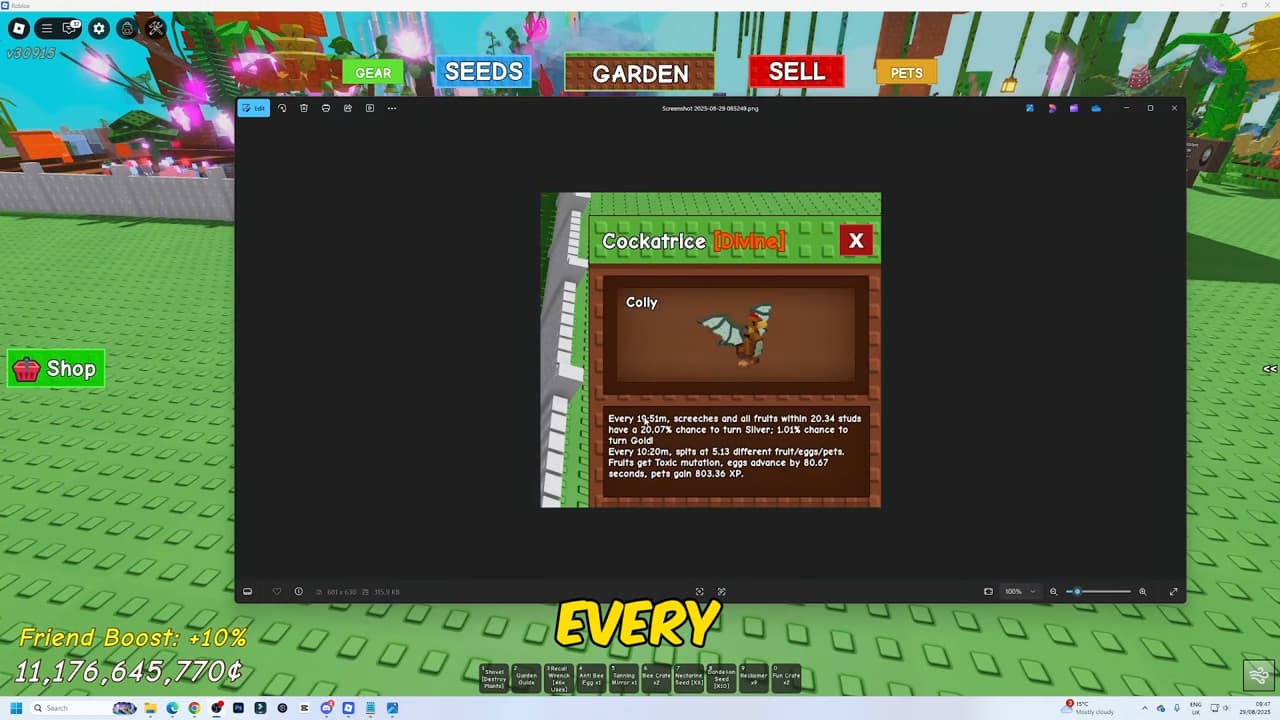 A screenshot of Grow a Garden Cockroach Pet Abilities